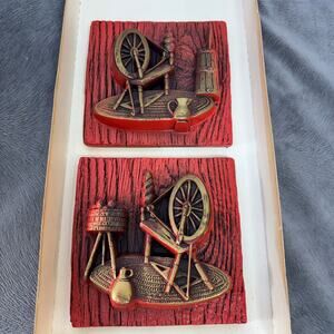 VTG Miller Chalkware Set of 2 Spinning Wheel Wall Plaques Original Box 1968 5x5